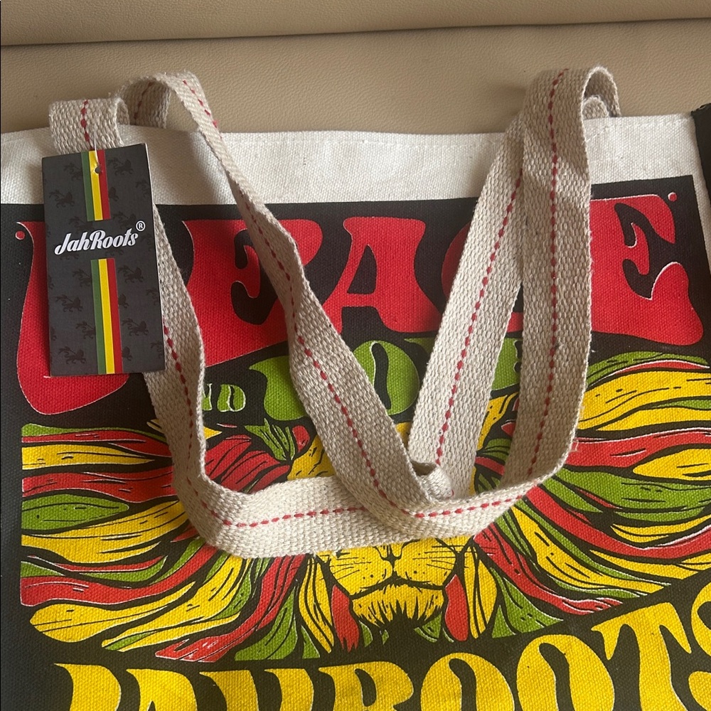 Roots White Canvas Tote with Red, Yellow and Green Peace & Love Graphic - Picture 5 of 6